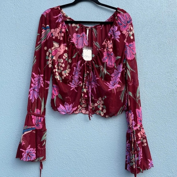 NWT Free People Sheer Floral Print Of Paradise bell sleeve tropical Top fairy - Picture 4 of 7
